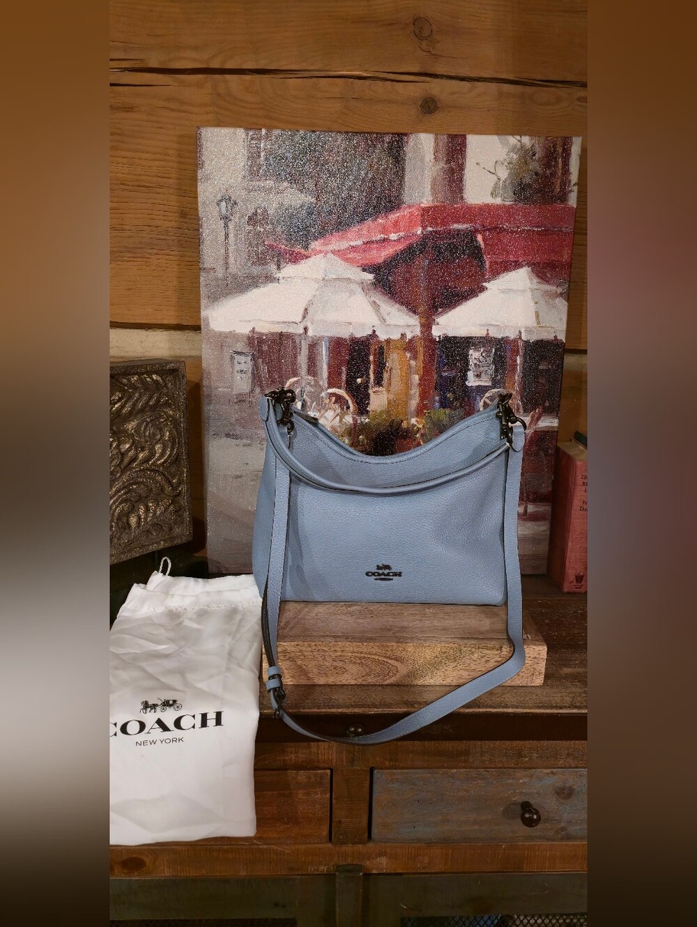 Coach Light Blue Laurel With Gun Metal Hardware  Pebble Leather Shoulder Bag